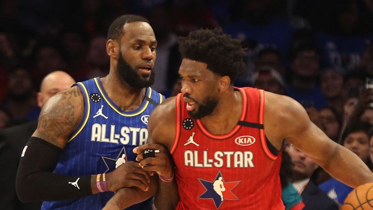 LeBron James guards Joel Embiid in the All-Star Game