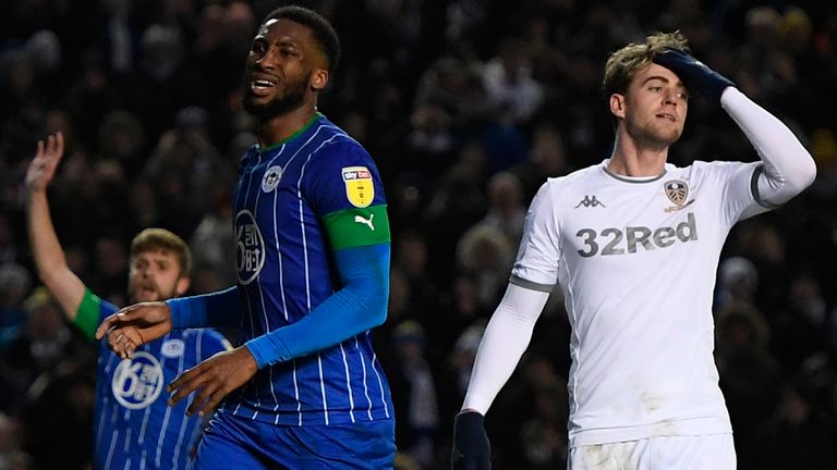 LEEDS, ENGLAND - FEBRUARY 01: Patrick Bamford of Leeds United reacts during the Sky Bet Championship match between Leeds United and Wigan Athletic at Elland Road on February 01, 2020 in Leeds, England. (Photo by George Wood/Getty Images)