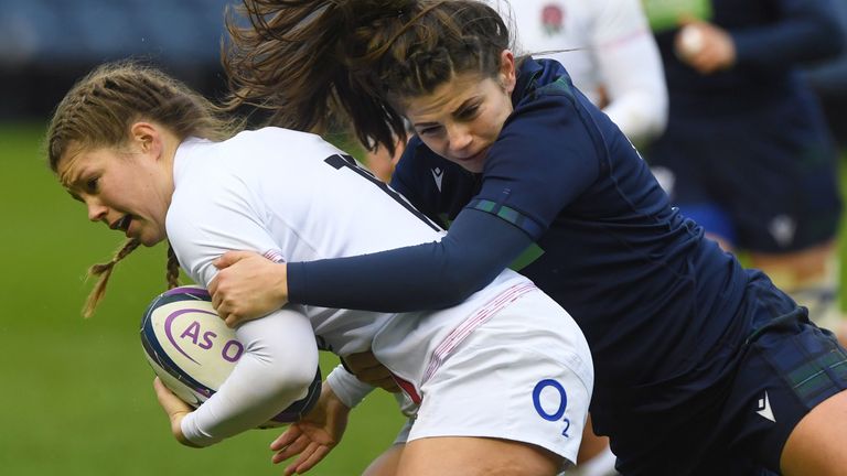 EDINBURGH, SCOTLAND - FEBRUARY 10: Scotland’s Lisa Thomson tackles Jess Breach during the Guinness Six nations match between Scotland Women and England Women at BT Murrayfield on February 10, 2020, in Edinburgh, Scotland. (Photo by Ross MacDonald / SNS Group / SRU)