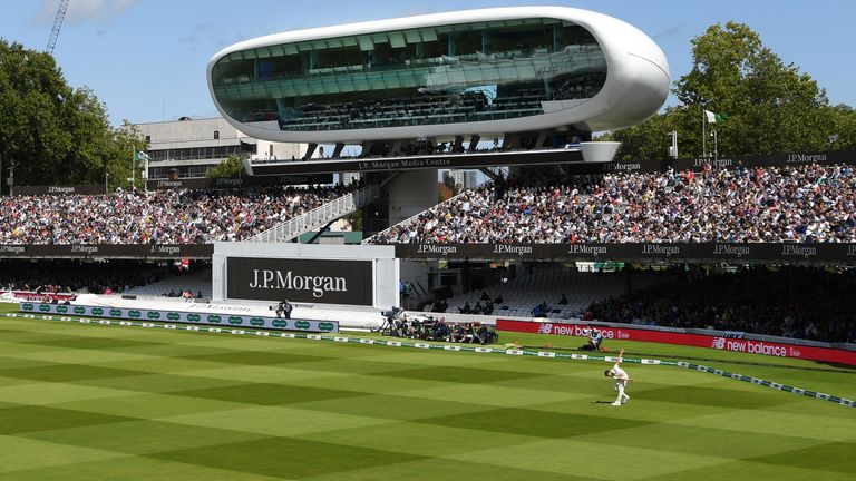 A general view of the Nursery end of the ground and media centre during day five of the 2nd Ashes Test match between England and Australia at Lord's Cricket Ground on August 18, 2019 in London, 