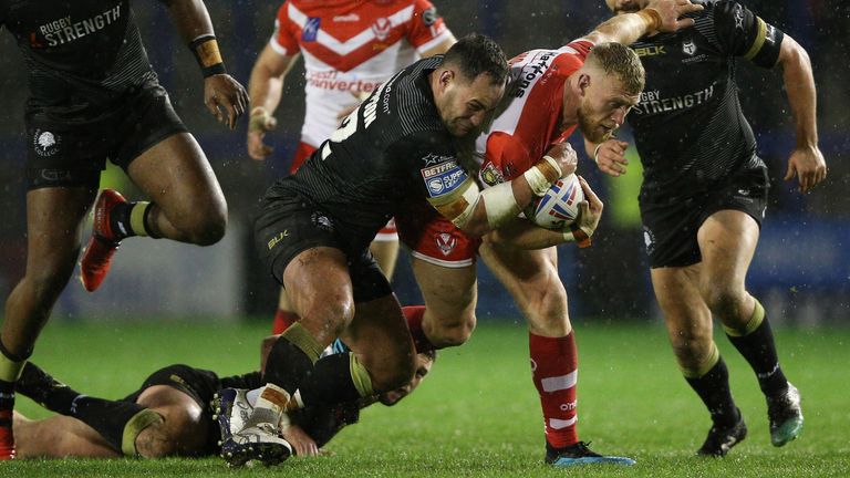 Toronto Wolfpack's Bodene Thompson tackles St Helens' Luke Thompson during the Betfred Super League match at Halliwell Jones Stadium, Warrington. PA Photo. Picture date: Saturday February 29, 2020. See PA story RUGBYL Toronto. Photo credit should read: Nigel French/PA Wire. RESTRICTIONS: Editorial use only. No commercial use. No false commercial association. No video emulation. No manipulation of images.