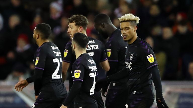 Charlton Athletic's Lyle Taylor celebrates scoring his side's first goal of the game during the Sky Bet Championship match at the City Ground, Nottingham. PA Photo. Picture date: Tuesday February 11, 2020. See PA story SOCCER Forest. Photo credit should read: Tim Goode/PA Wire. RESTRICTIONS: EDITORIAL USE ONLY No use with unauthorised audio, video, data, fixture lists, club/league logos or "live" services. Online in-match use limited to 120 images, no video emulation. No use in betting, games or single club/league/player publications.