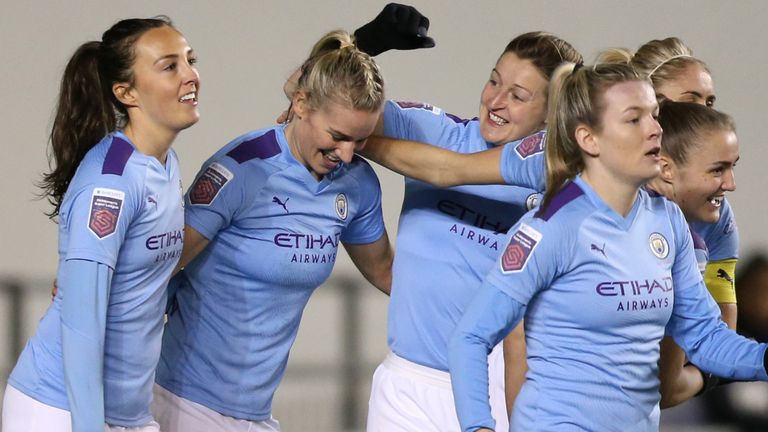 Gemma Bonner of Manchester City celebrates with teammates