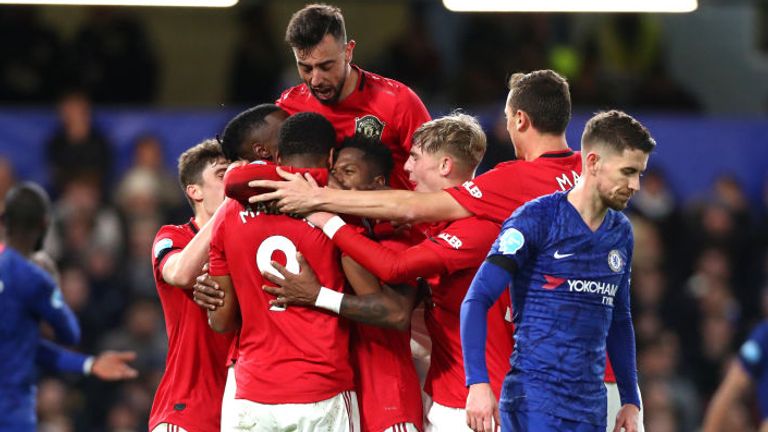 Anthony Martial is mobbed by team-mates after putting Man Utd ahead 