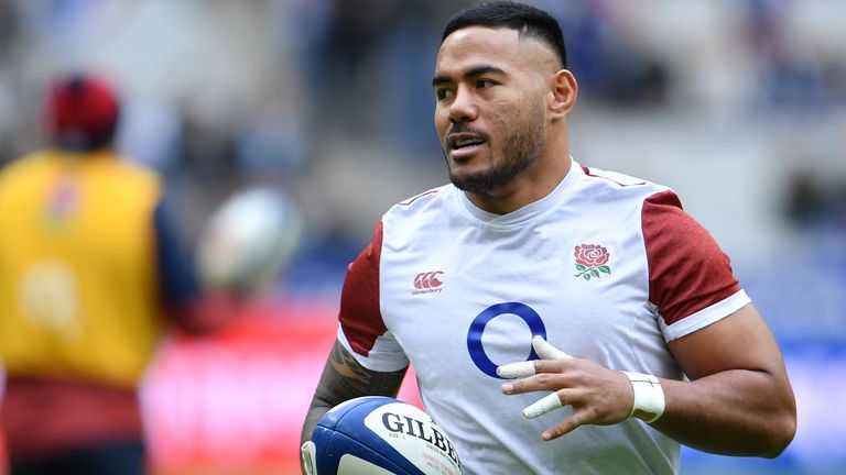Manu Tuilagi warms up prior to the 2020 Six Nations match between France and England at Stade de France