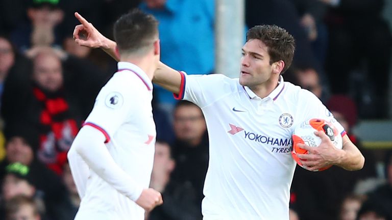 Marcos Alonso celebrates scoring Chelsea's second goal