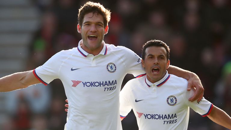 Marcos Alonso celebrates with team-mate Pedro after scoring against Bournemouth