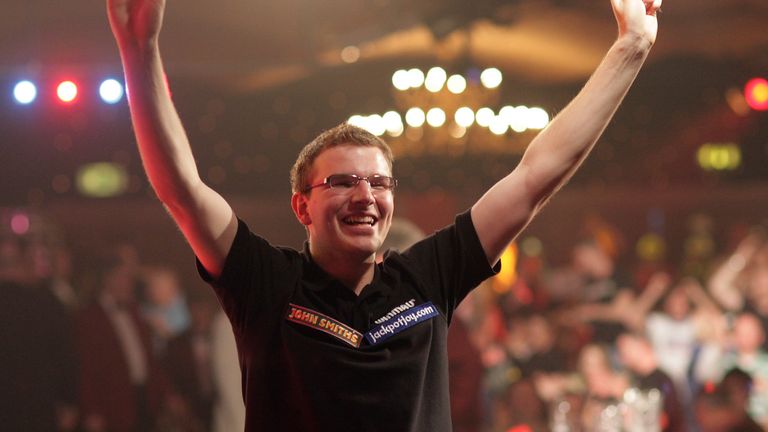 FRIMLEY GREEN, ENGLAND - JANUARY 12: Mark Webster of Wales celebrates his victory against Martin Adams of England during the Semi Finals of The  World Professional darts Championship held at The Lakeside Club  on January 12, 2008, in Frimley Green, England. (Photo by Julian Herbert/Getty Images)