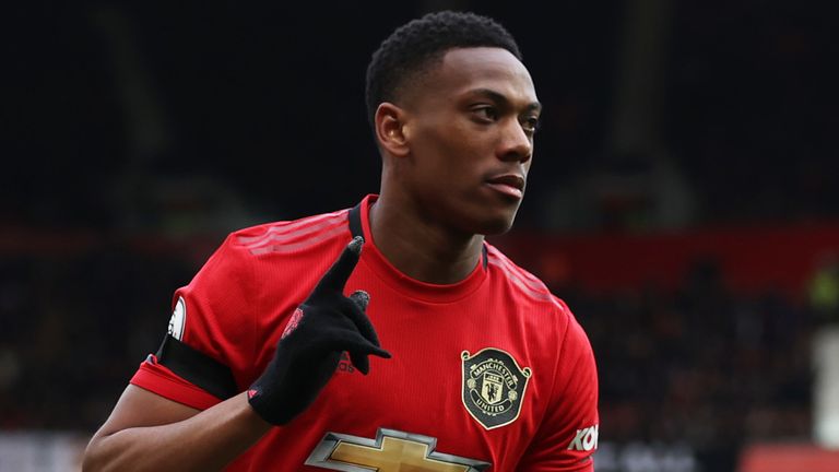  Anthony Martial of Manchester United celebrates after scoring his team's second goal during the Premier League match between Manchester United and Watford FC 