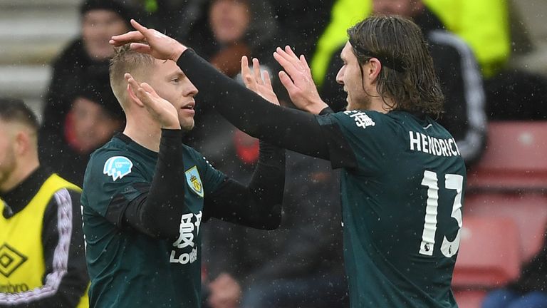 Matej Vydra celebrates with team-mate Jeff Hendrick after scoring Burnley's second goal against Southampton