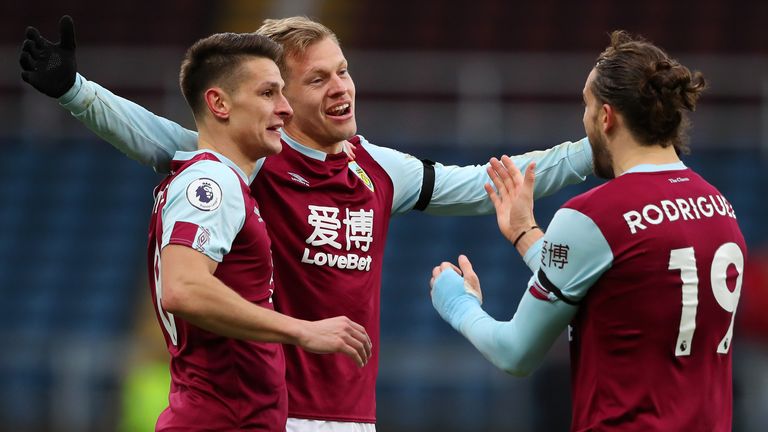 Matej Vydra celebrates with team-mates after giving Burnley the lead