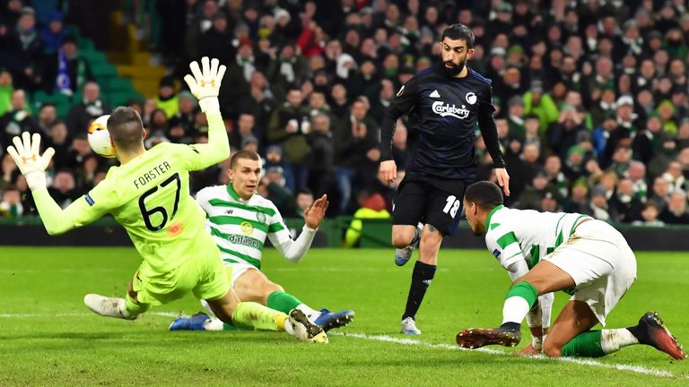 Michael Santos scores to make it 1-0 to Copenhagen against Celtic