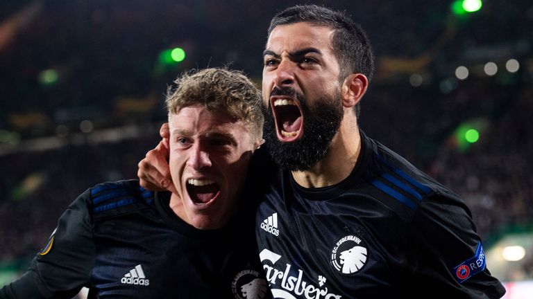 Copenhagen's Michael Santos celebrates after scoring to make it 1-0 against Celtic