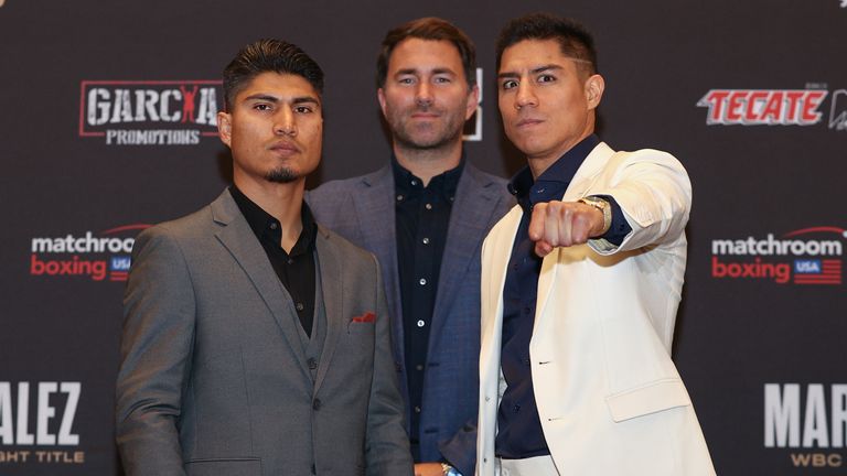 February 26, 2020; Frisco, TX, USA; Mikey Garcia and Jessie Vargas pose after the final press conference for the February 29, 2020 Matchroom Boxing USA fight card at the Ford Center at the Star in Frisco.  Mandatory Credit: Ed Mulholland/Matchroom Boxing USA