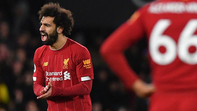 Mohamed Salah reacts after Liverpool go 2-0 down at Vicarage Road
