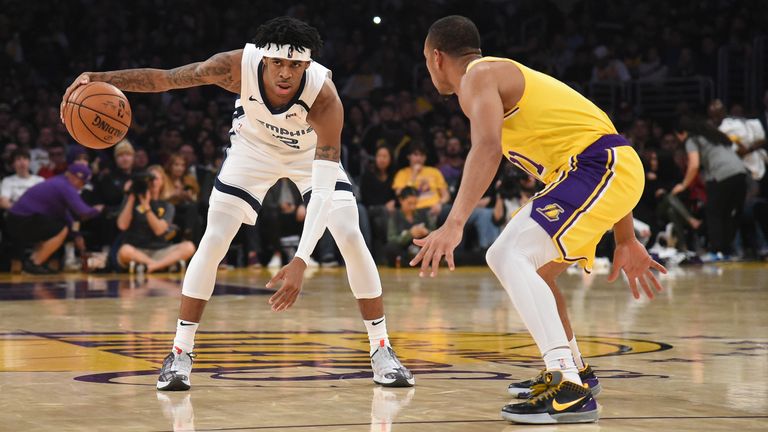 Ja Morant of the Memphis Grizzlies handles the ball against the Los Angeles Lakers 