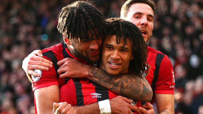 Nathan Ake celebrates with Philip Billing after doubling Bournemouth's lead