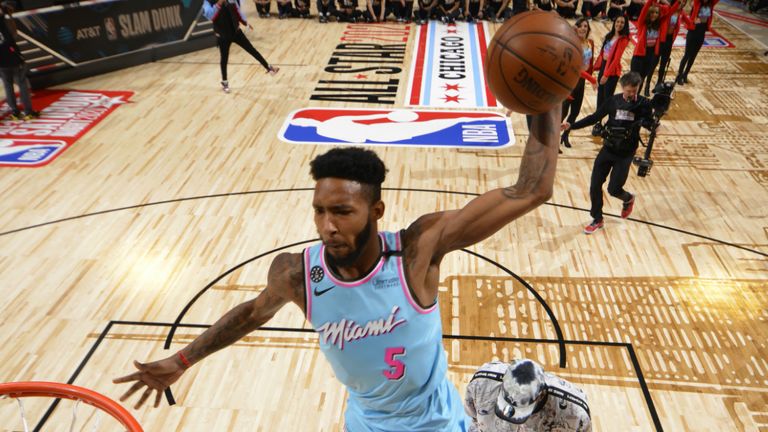 : Derrick Jones Jr. #5 of the Miami Heat participates in the 2020 NBA All-Star - AT&T Slam Dunk on February 15, 2020 at the United Center in Chicago, Illinois.