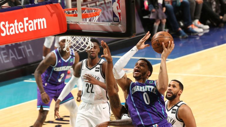 Miles Bridges of the Charlotte Hornets shoots the ball against the Brooklyn Nets