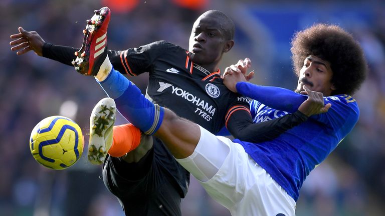 N'Golo Kante battles for possession with Hamza Choudhury
