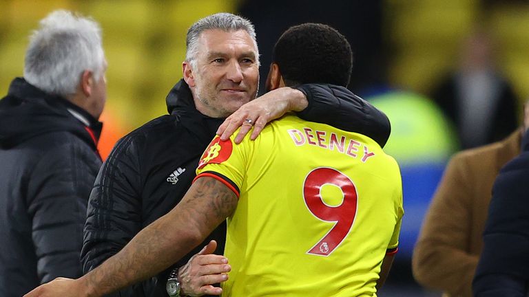 Watford boss Nigel Pearson embraces his captain at the final whistle