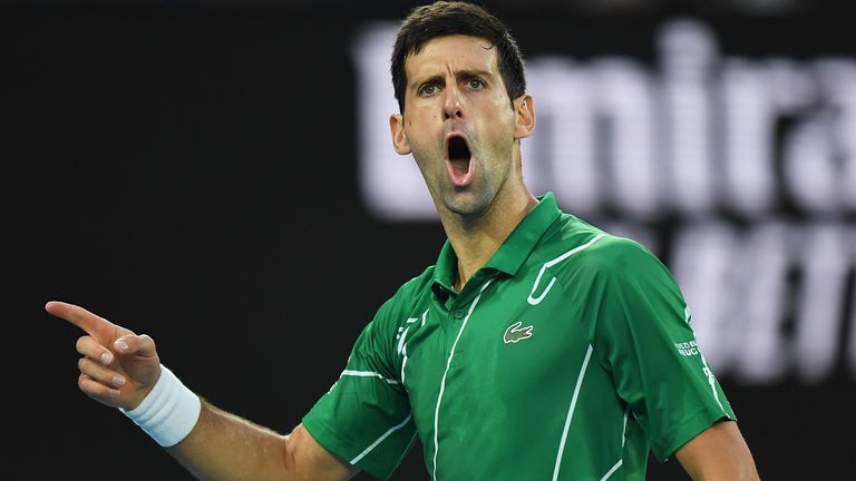 Novak Djokovic of Serbia celebrates after winning a point during his Men's Singles Final match against Dominic Thiem of Austria on day fourteen of the 2020 Australian Open at Melbourne Park on February 02, 2020 in Melbourne, Australia.
