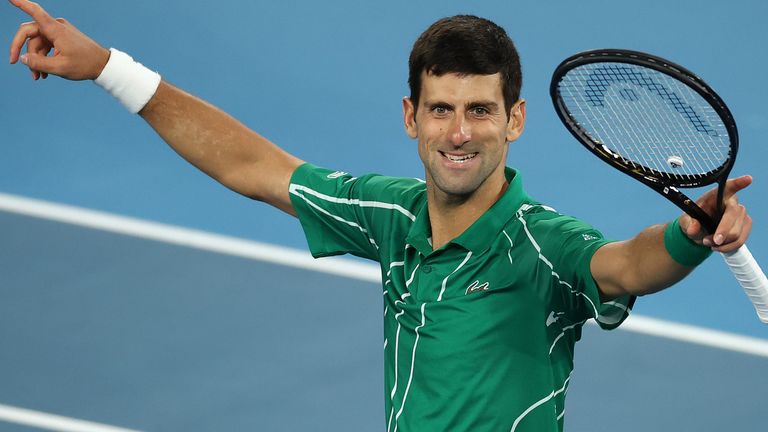 Novak Djokovic of Serbia celebrates winning championship point after his Men&#39;s Singles Final against Dominic Thiem of Austria on day fourteen of the 2020 Australian Open at Melbourne Park on February 02, 2020 in Melbourne, Australia.