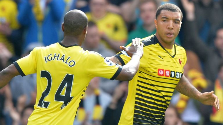 Watford's English striker Troy Deeney (R) celebrates with Watford's Nigerian striker Odion Ighalo