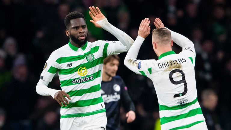 Celtic's Odsonne Edouard celebrates after scoring from the penalty spot to make it 1-1 against Copenhagan