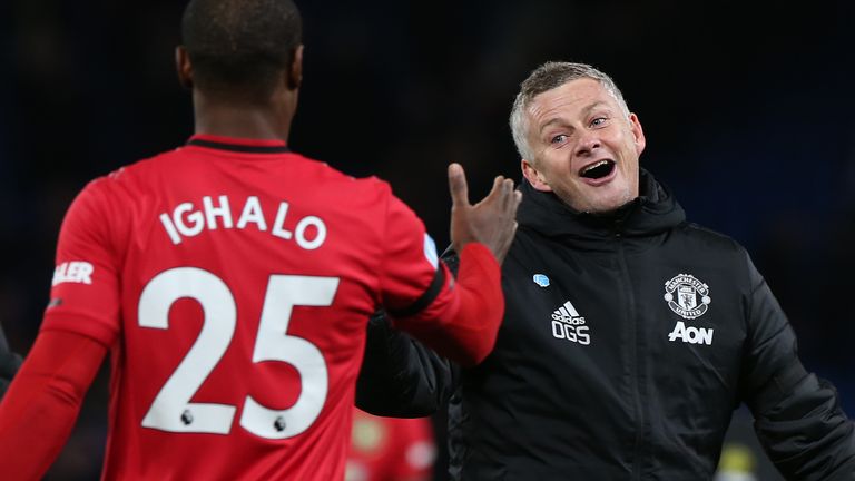 Ole Gunnar Solskjaer celebrates Man Utd's 2-0 win over Chelsea with Odion Ighalo