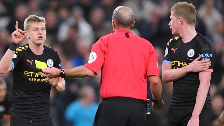 Oleksandr Zinchenko is shown a second yellow card after 60 minutes