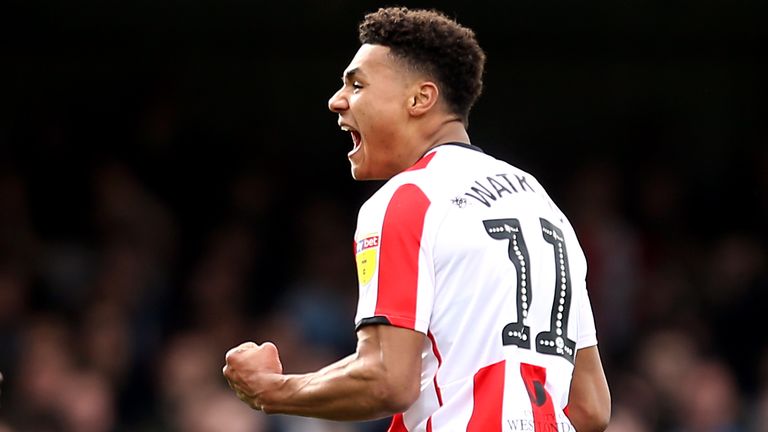 Ollie Watkins celebrates scoring Brentford's first goal