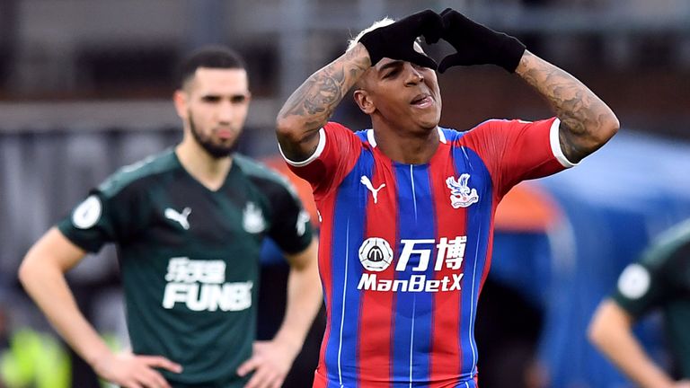 Patrick van Aanholt celebrates scoring the opening goal of the game between Crystal Palace and Newcastle