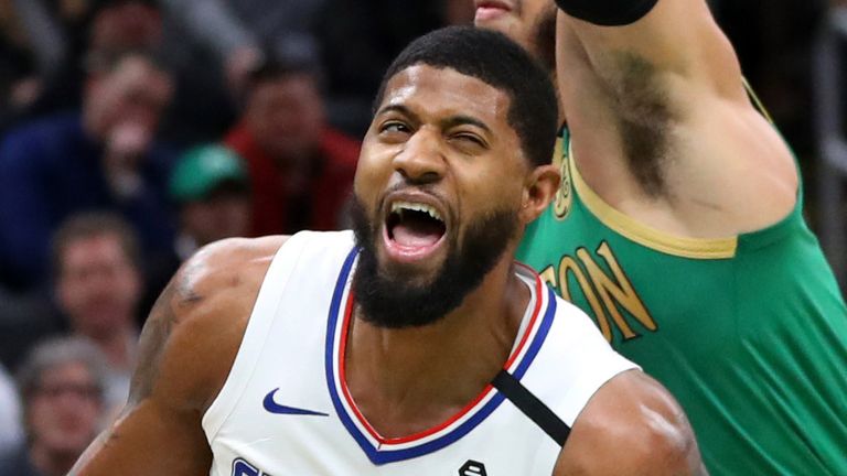 Paul George is fouled during the Clippers' clash with the Celtics