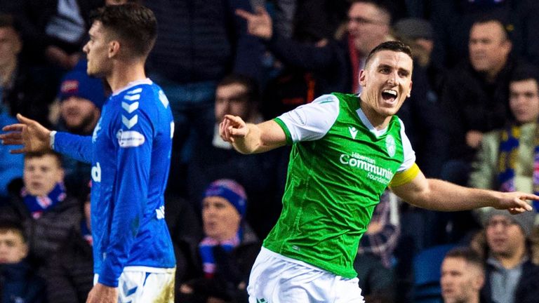 Paul Hanlon celebrates scoring against Rangers