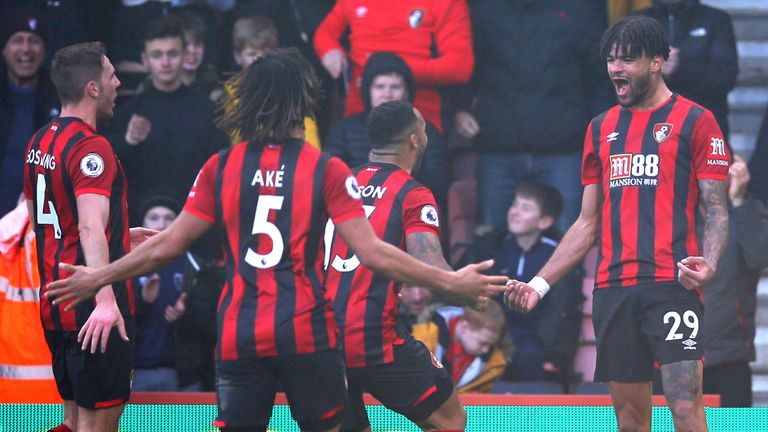 Philip Billing celebrates after putting Bournemouth ahead against Aston Villa