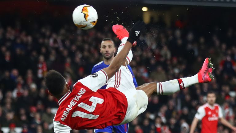 Pierre-Emerick Aubameyang scores for Arsenal against Olympiakos