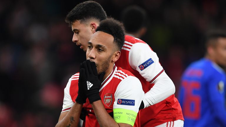 Pierre-Emerick Aubameyang reacts after missing a chance against Olympiakos