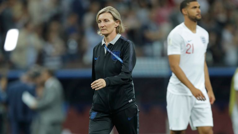 The England team psychologist Dr Pippa Grange walks onto the pitch after the final whistle during the England v Croatia FIFA World Cup 2018 semi-final at the Luzhniki Stadium, Moscow on July 11th 2018 in Russia (Photo by Tom Jenkins) 