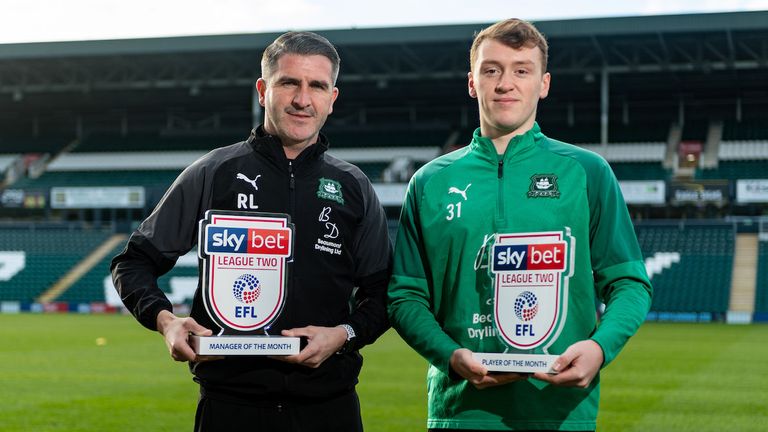 Plymouth Argyle...s Ryan Lowe and Luke Jephcott receive the Sky Bet League Two Manager of the Month Award and Sky Bet League Two Player of the Month Award respectively for January 2020 - Ryan Hiscott/JMP - 06/02/2020 - SPORT - Home Park - Plymouth, England - Sky Bet League Two Manager and Player of the Month - Plymouth Argyle...s Ryan Lowe and Luke Jephcott for January 2020