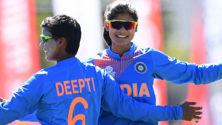 MELBOURNE, AUSTRALIA - FEBRUARY 29: Radha Yadav of India is congratulated by team mates after getting the wicket of Chamari Atapattu of Sri Lanka during the ICC Women's T20 Cricket World Cup match between India and Sri Lanka at Junction Oval on February 29, 2020 