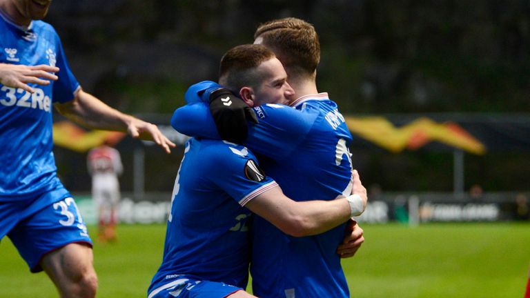 Ryan Kent celebrates putting Rangers further ahead in the tie
