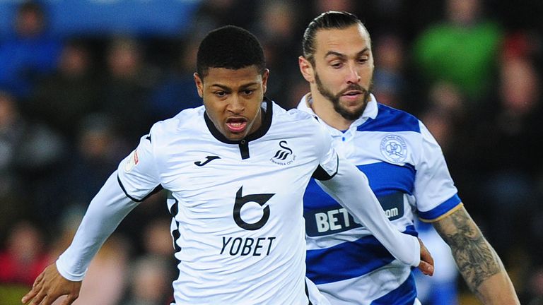 SWANSEA, WALES - FEBRUARY 11: Rhian Brewster of Swansea City in action during the Sky Bet Championship match between Swansea City and Queens Park Ranger at the Liberty Stadium on February 11, 2020 in Swansea, Wales. (Photo by Athena Pictures/Getty Images)