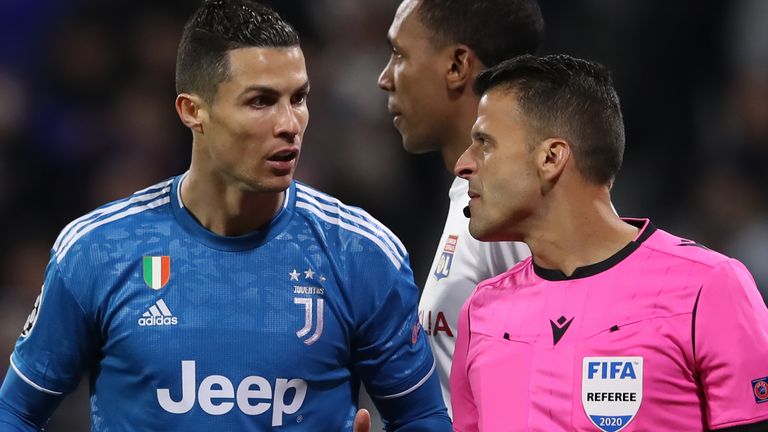 Juventus's Portuguese striker Cristiano Ronaldo appeals to the Spanish referee Gil Manzano during the UEFA Champions League match at the Groupama Stadium, Lyon. Picture date: 26th February 2020. Picture credit should read: Jonathan Moscrop/Sportimage