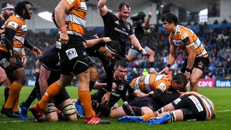 15 February 2020; Leinster players, from left, Max Deegan, Luke McGrath and Peter Dooley celebrate a try scored by team-mate Ronan Kelleher during the Guinness PRO14 Round 11 match between Leinster and Toyota Cheetahs at the RDS Arena in Dublin. Photo by Ramsey Cardy/Sportsfile