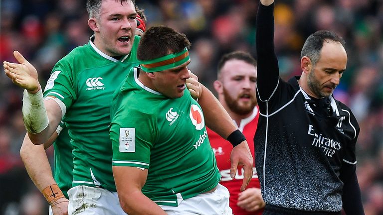 CJ Stander is congratulated by Peter O'Mahony after winning a turnover penalty