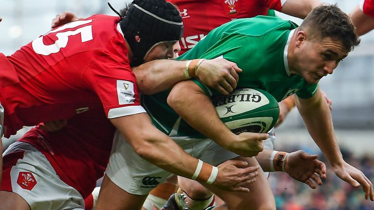 Jordan Larmour scores Ireland's first try against Wales