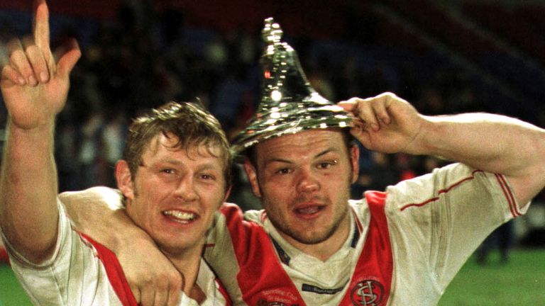 Sean Long and Keiron Cunningham of St Helens celebrate winning the World Club Challenge against Brisbane Broncos in 2001