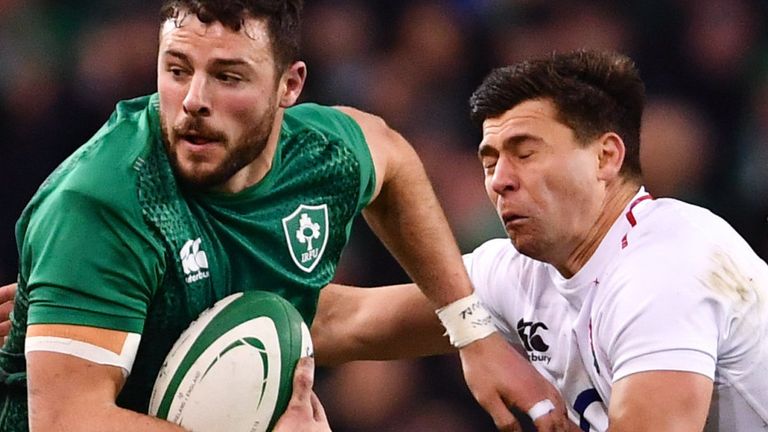 Robbie Henshaw is tackled by England's Ben Youngs during the 2019 Six Nations