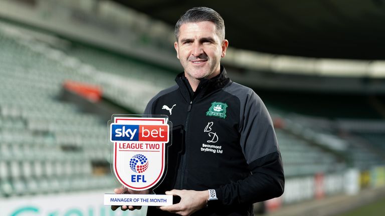 Plymouth Argyle...s Ryan Lowe receives the Sky Bet League Two Manager of the Month Award for January 2020 - Ryan Hiscott/JMP - 06/02/2020 - SPORT - Home Park - Plymouth, England - Sky Bet League Two Manager of the Month - Plymouth Argyle...s Ryan Lowe for January 2020